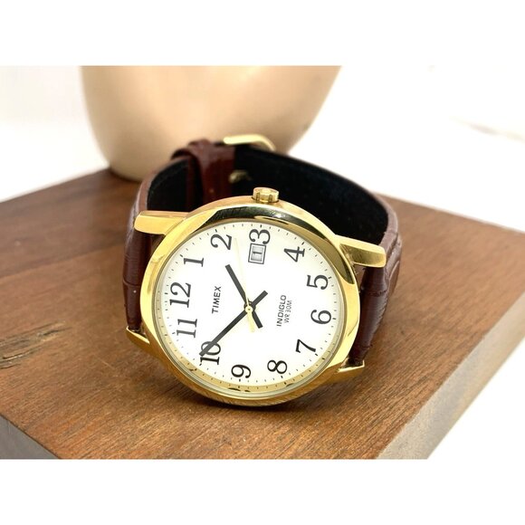 Timex Men's Watch T2H301 Quartz Indiglo White Dial Date Gold Brown Leather 35mm - Picture 8 of 14